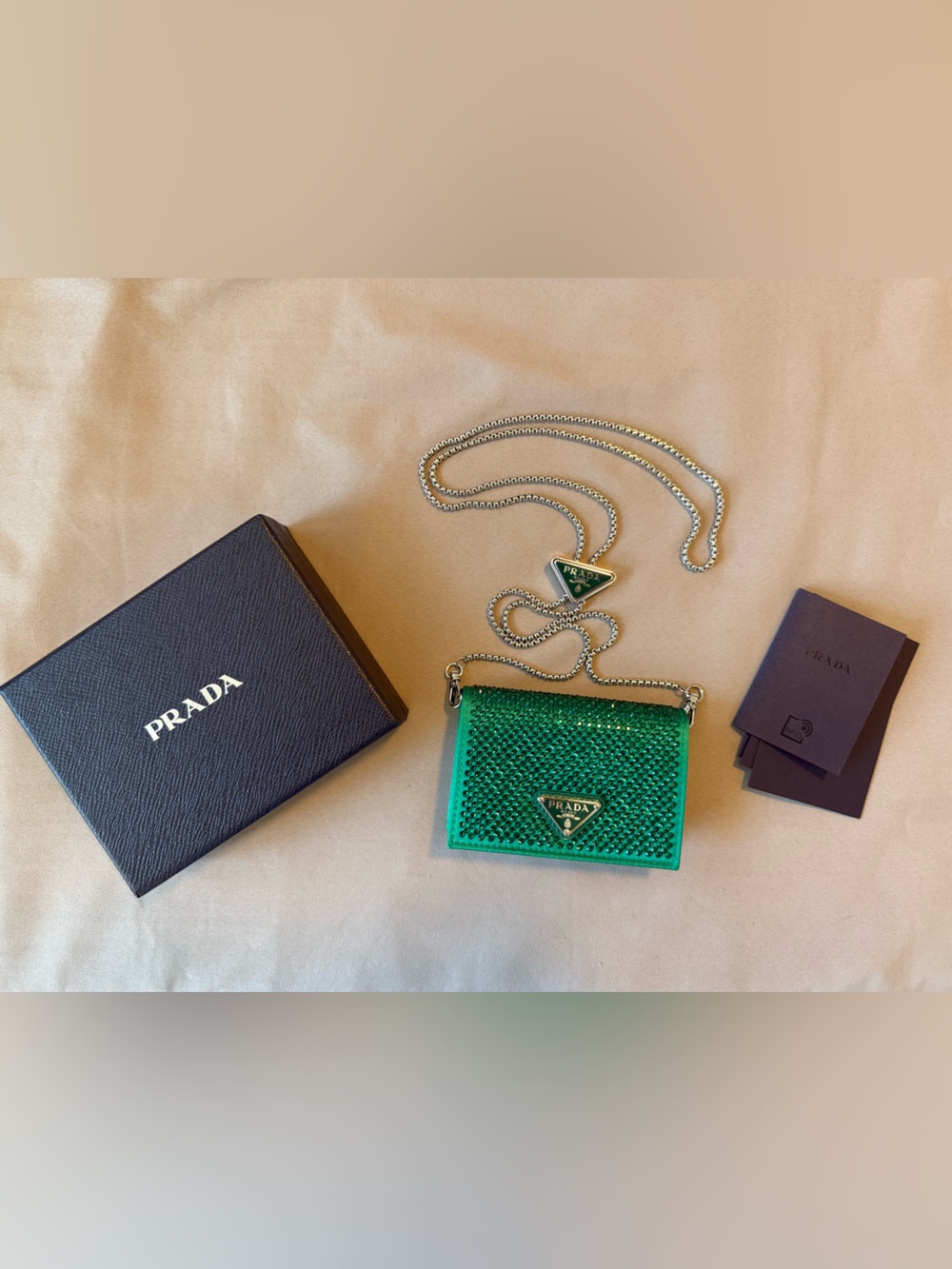 Prada Emerald Green Crystal Mini Crossbody Wallet with Silver Chain